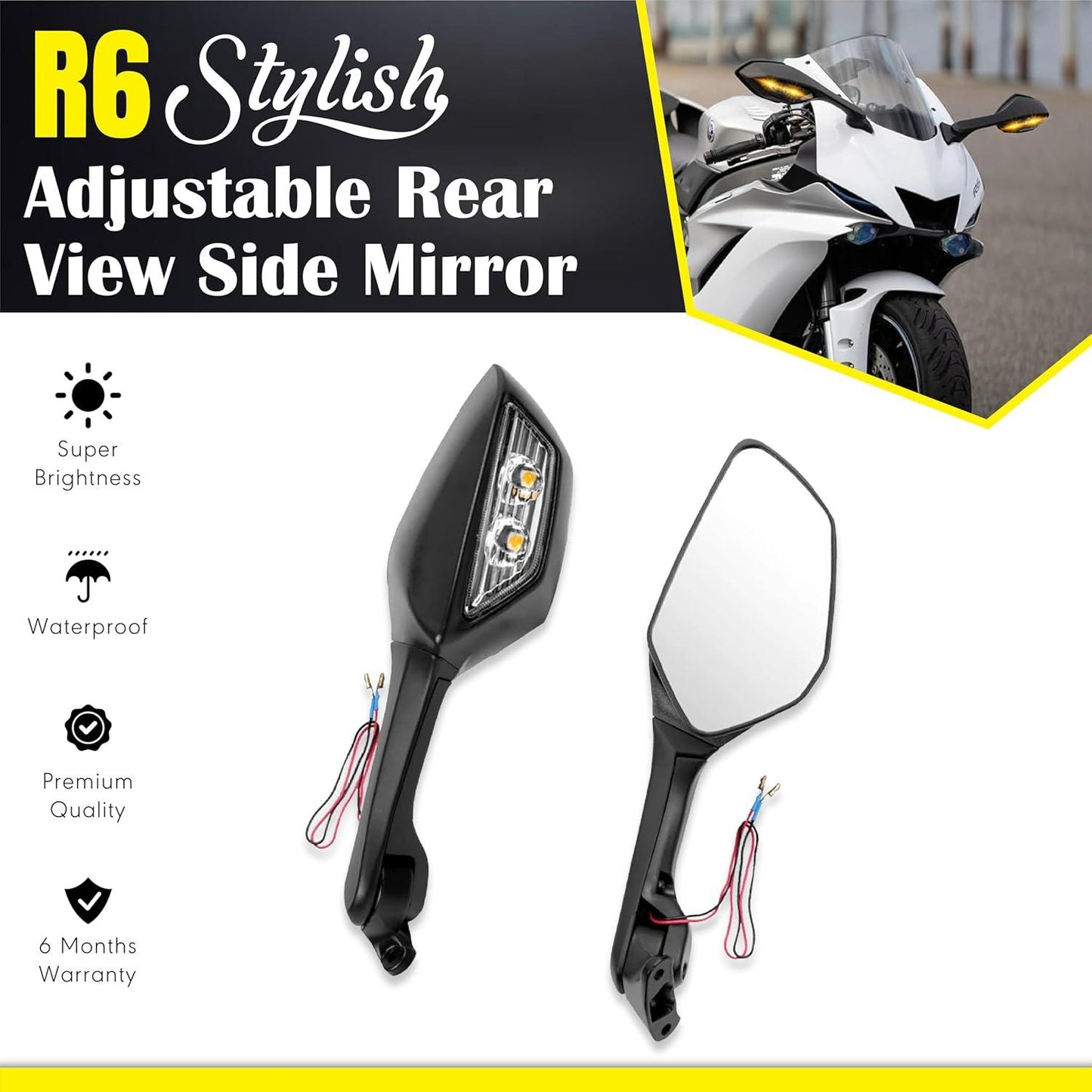 ZX10R MIRROR FOR R15 V3, V4 & M Bike Adjustable Rear View Side Mirror with Turn Signal Led Indicator for All Fairing Bikes